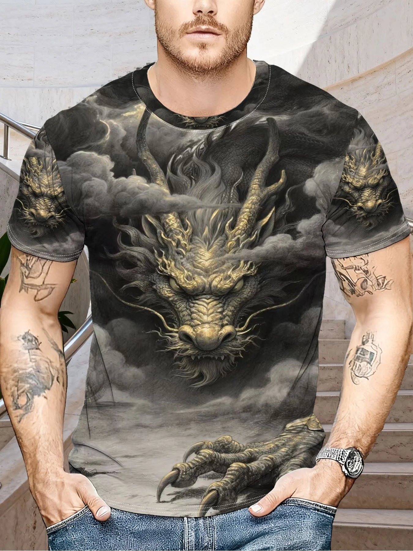 2026 selling ukiyo-e style dragon shape, 3D printed quick drying T-shirt for comprehensive combat training, outdoor streetwear