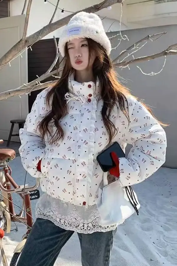 Sweet Wind Japanese Cotton-padded Jacket 2025 Winter Thick Bow Printed Cotton-padded Jacket Short College Wind Coat
