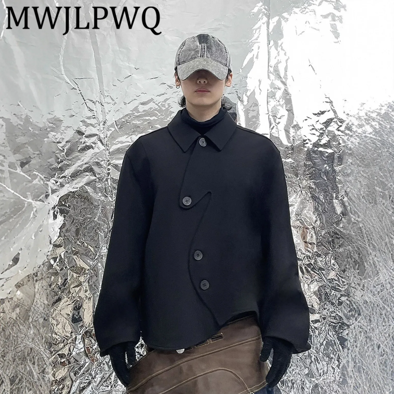 

MWJLPWQ осень-зима новая нишевая дизайнерская нерегулярная пуговица черная модная повседневная куртка мужская уличная унисекс Ins пальто 12398