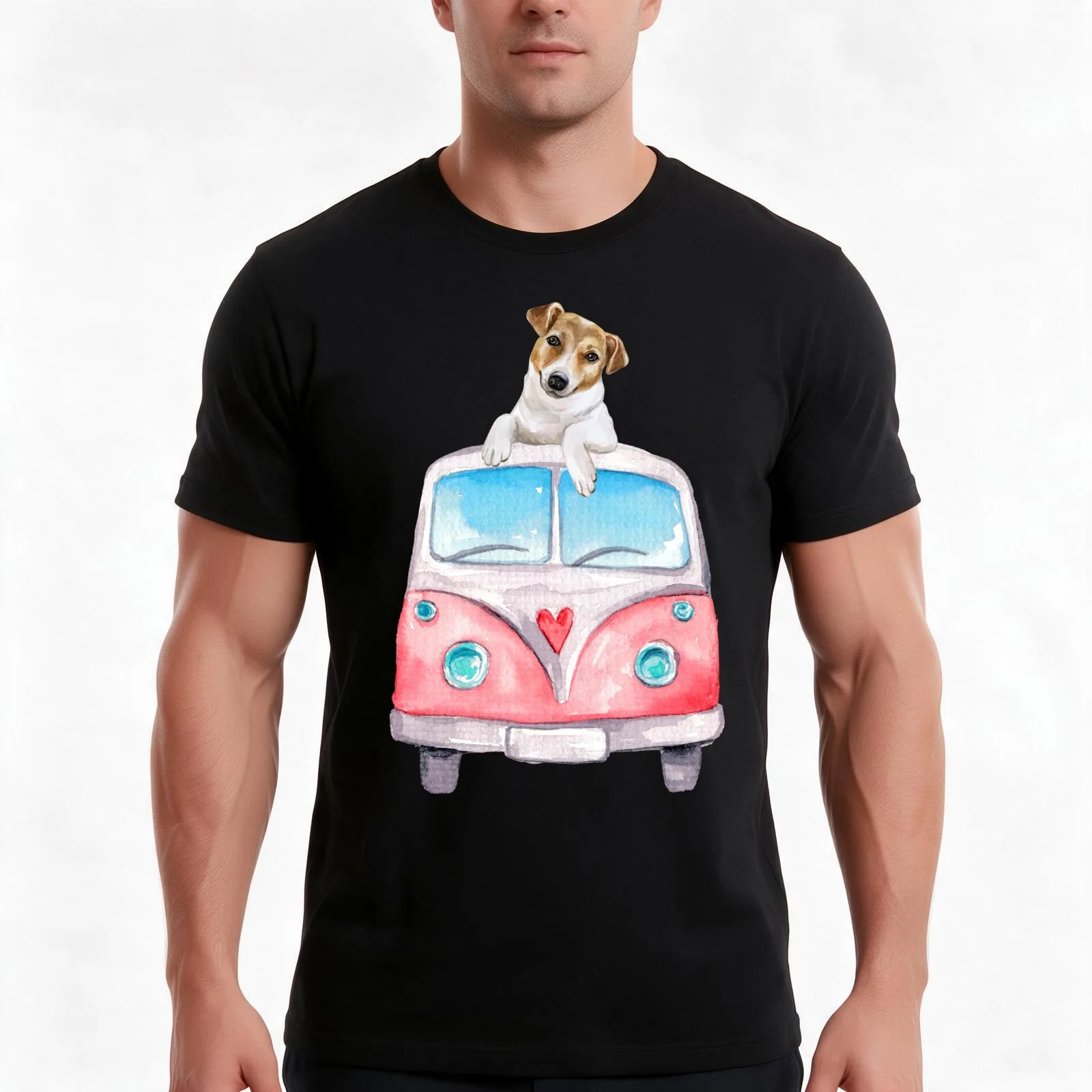 Jack Russell Terrier With Bus T-Shirt, Summer Casual Cotton Tee, Oversized Streetwear Tops, Vintage Graphic Print, 100% Cotton