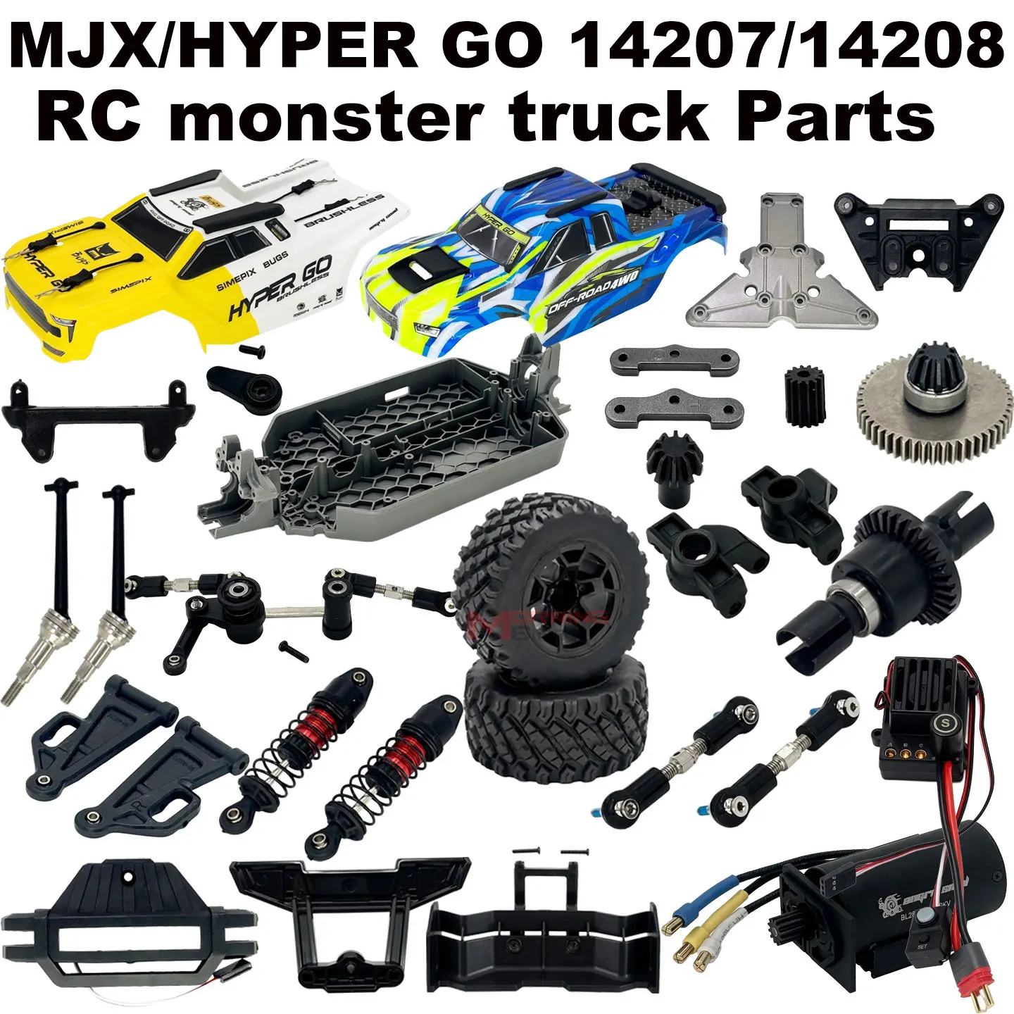 For MJX 14207 14208 Hyper Go 1/14 RC Monster Truck Complete Spare Parts Kit Differential Servo Shocks Body Hardware