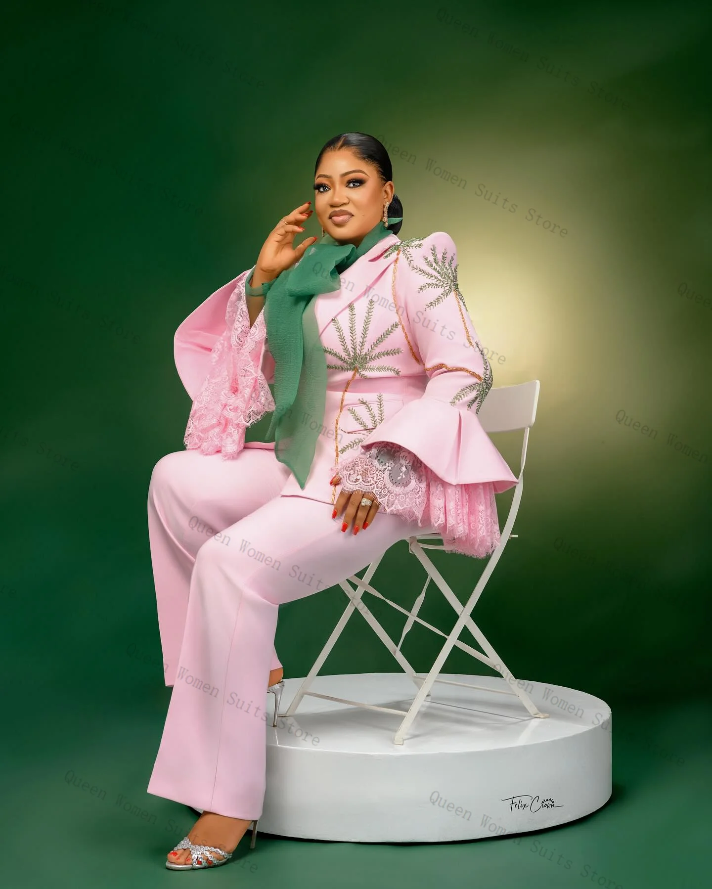 

Pink Women Suit Set 2 Piece Beaded Blazer+Pants Trousers Formal Office Lady Jacket Lace Flare Sleeves Wedding Coat Customized