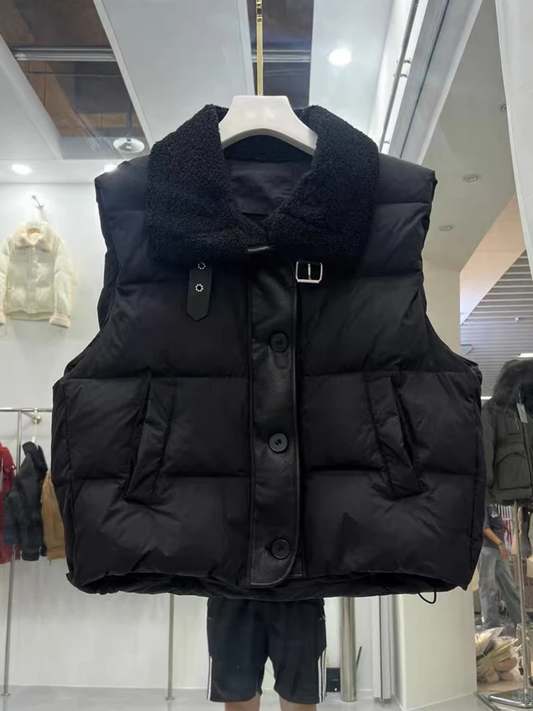 الخريف الشتاء الجلد المدبوغ التلبيب الدافئة أسفل سترة المرأة الأبيض بطة أسفل فضفاضة سترات بلا أكمام الإناث واحدة الصدر الصلبة الصدريات