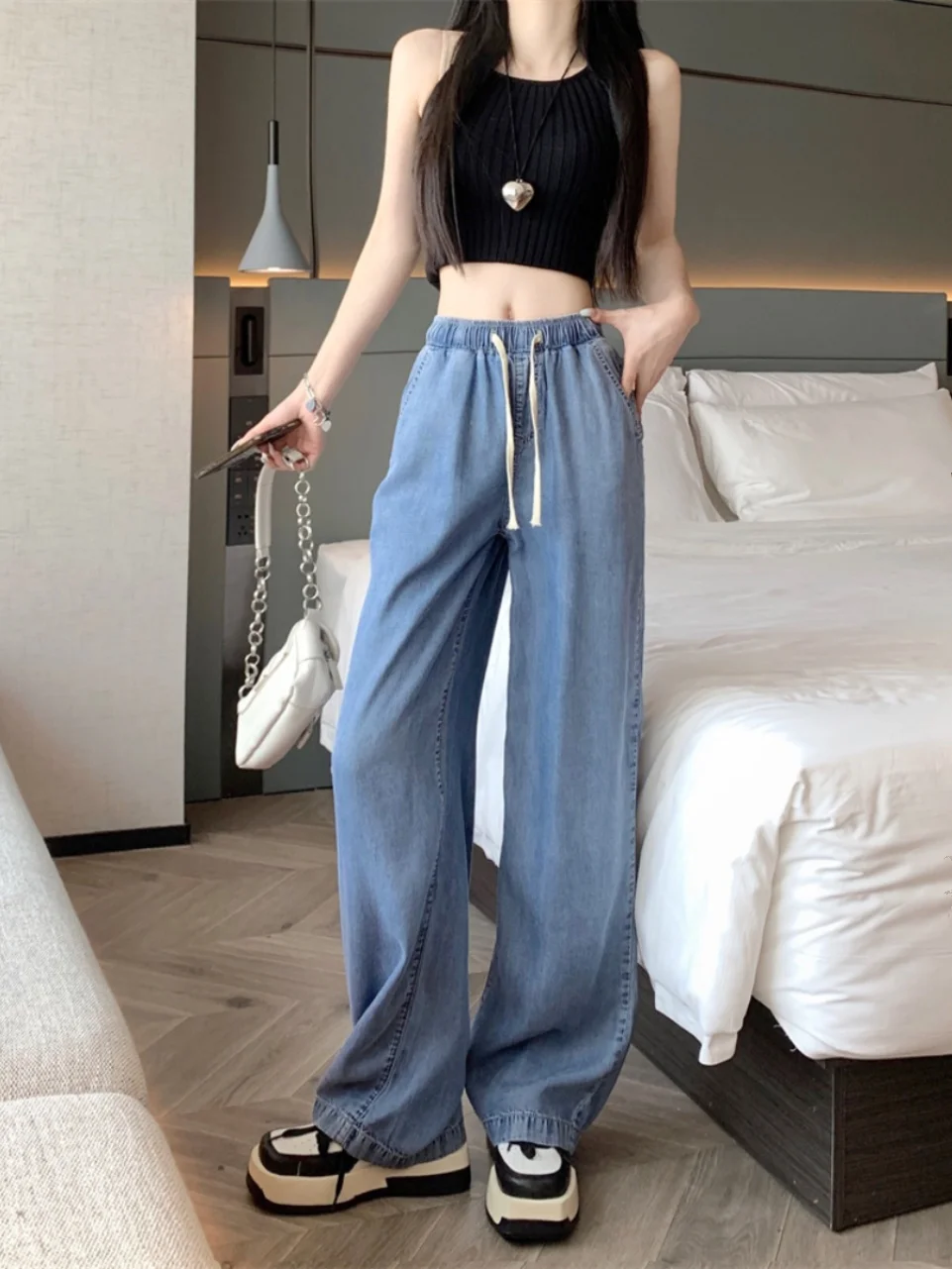 جينز نسائي عالي الخصر وواسع الساق صيفي رفيع وفضفاض وخصر مرن وفضفاض مناسب للتخسيس سروال طويل #2