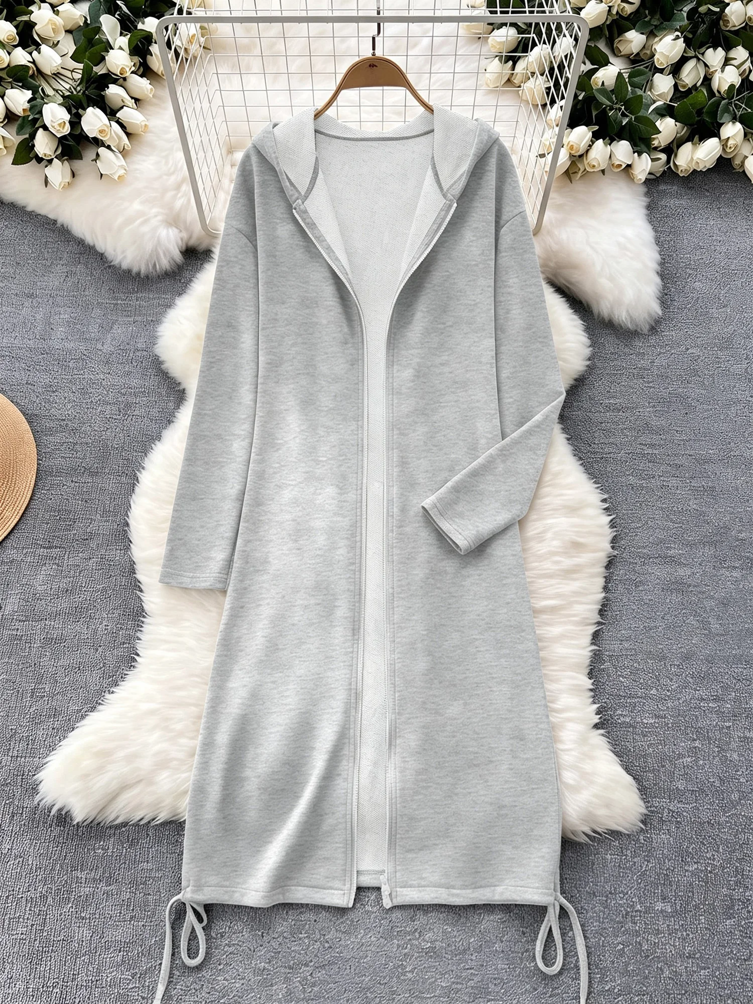 Women Long Hooded Sweatshirt Trench Coat Full Zipper Front Loose Maxi Casual Outer Garment