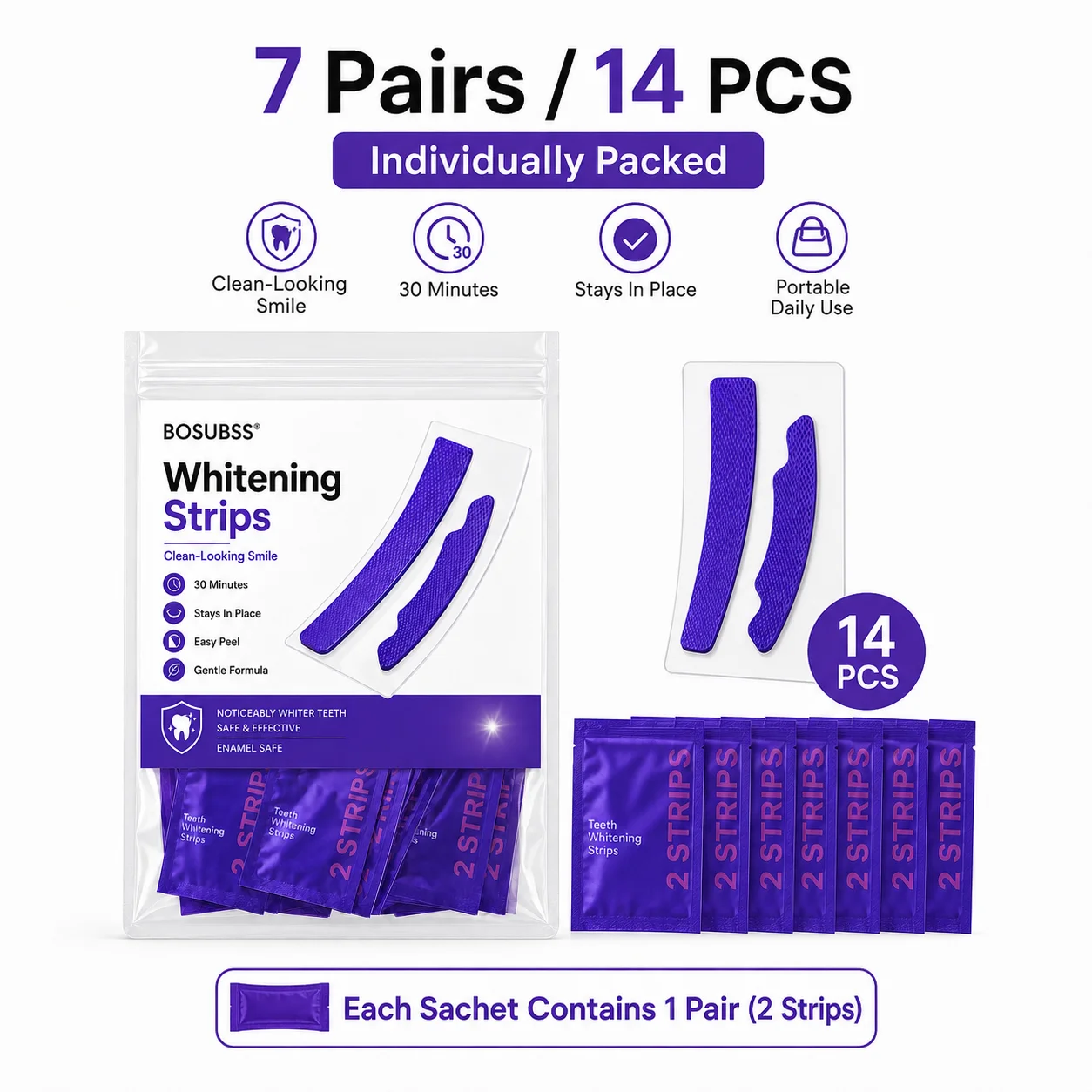 14PCS/7 Pairs Purple Teeth Strips, Individually Packed, 30-Minute Wear, Easy Peel, Stay-in-Place, Portable Daily Oral Care