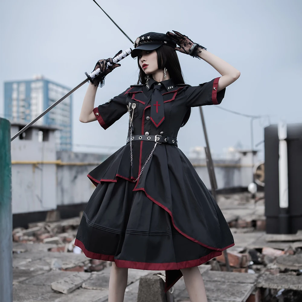 Melonshow Military Uniform Dress Black Japanese Gothic Lolita Skirt Victorian Dresses Women Kawaii Princess Dress