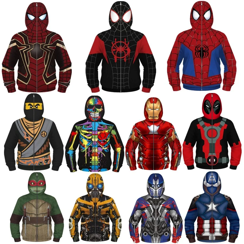 

Boys Superhero Cartoon Hooded Sweatshirt Spider Iron Man Deadpool Cosplay Costume Full Zipper Hoodie 3D Digital Printing