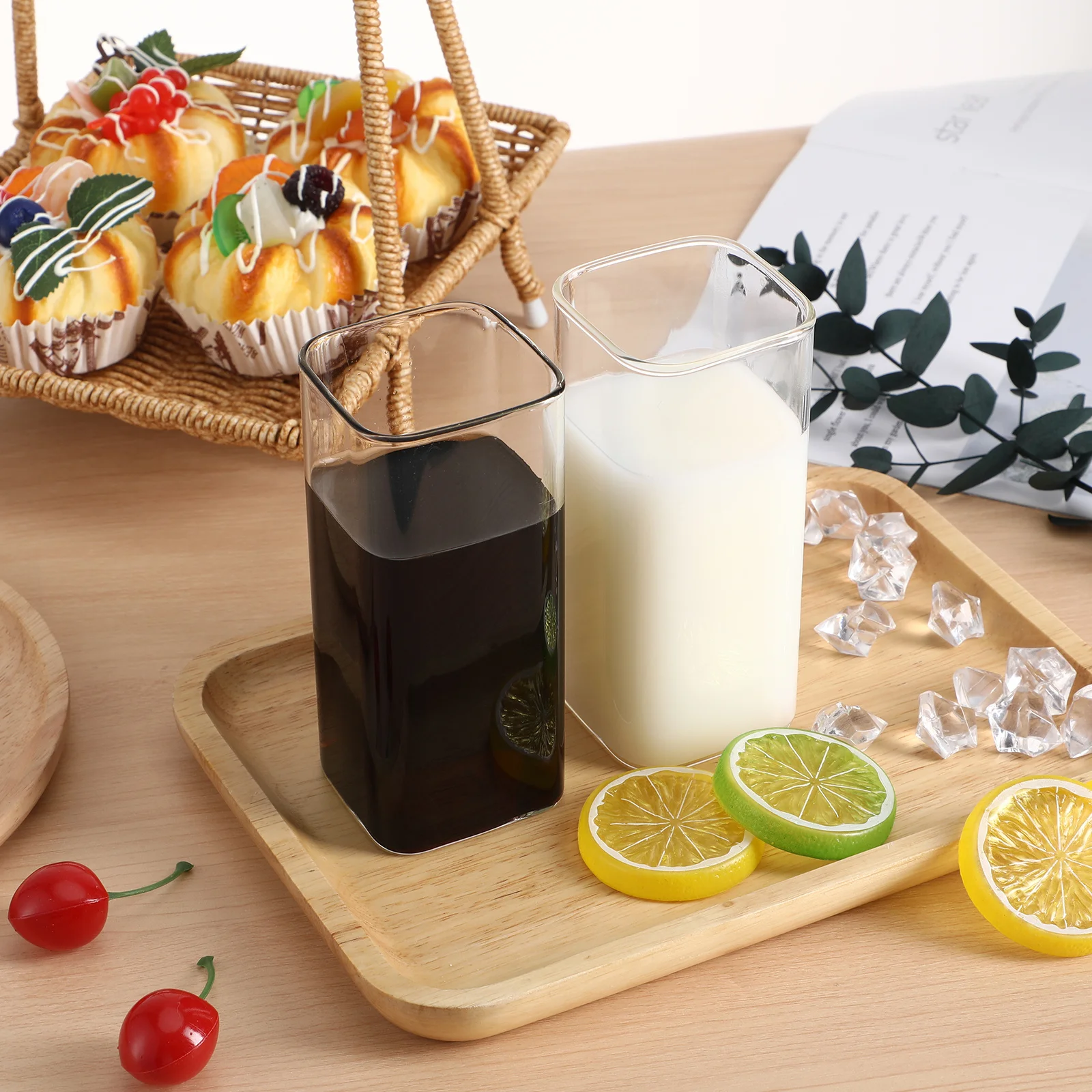 

2pcs Unique Square Glass Milk Cup Microwave Safe for Water Coffee Juice Beverage Glass Cup Creative Drinkware Set
