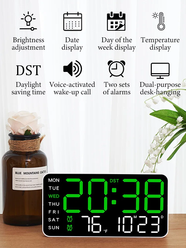 

Voice Control Alarm Clock USB Powered LED Digital Clocks Temp Date Week Display 12/24H DST Brightness Adjustment 2-Alarms Clocks