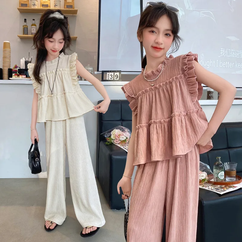 

Big Girl Summer Sets Children Sleeveless Blouse+Wide leg Pants 2Pcs Outfits Teenager Loose Solid Set New Kids Casual Clothing