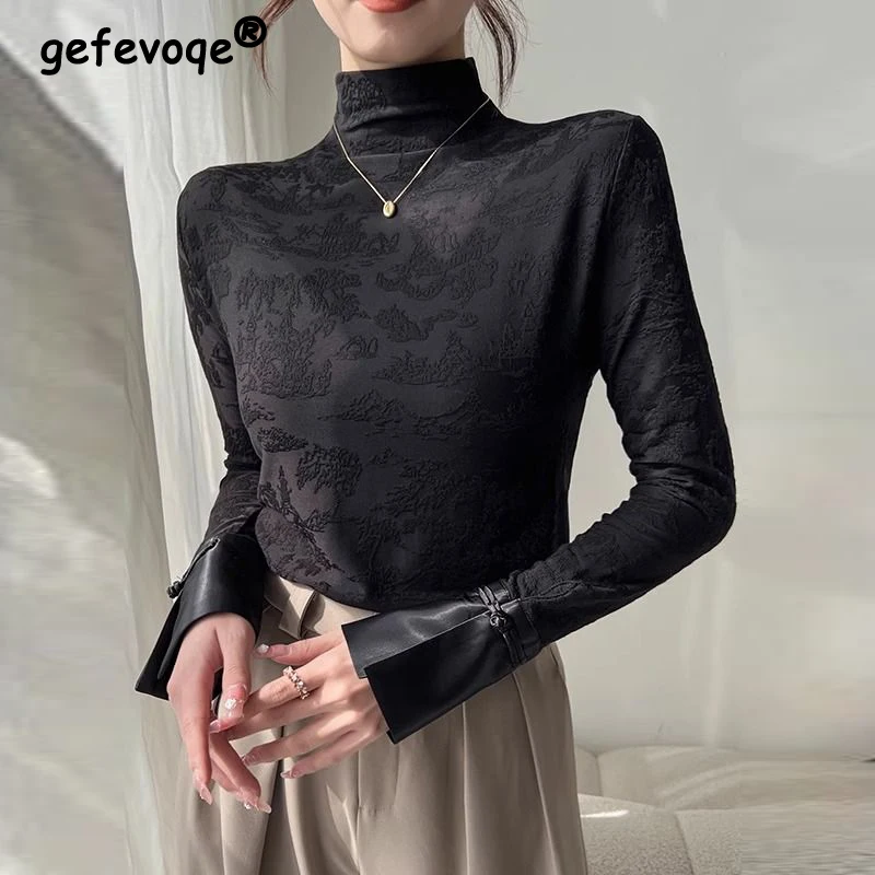 Women Clothing Chinese Style Vintage Black White Luxury Chic Basic T-shirt Office Lady Elegant High Collar Long Sleeve Slim Tops