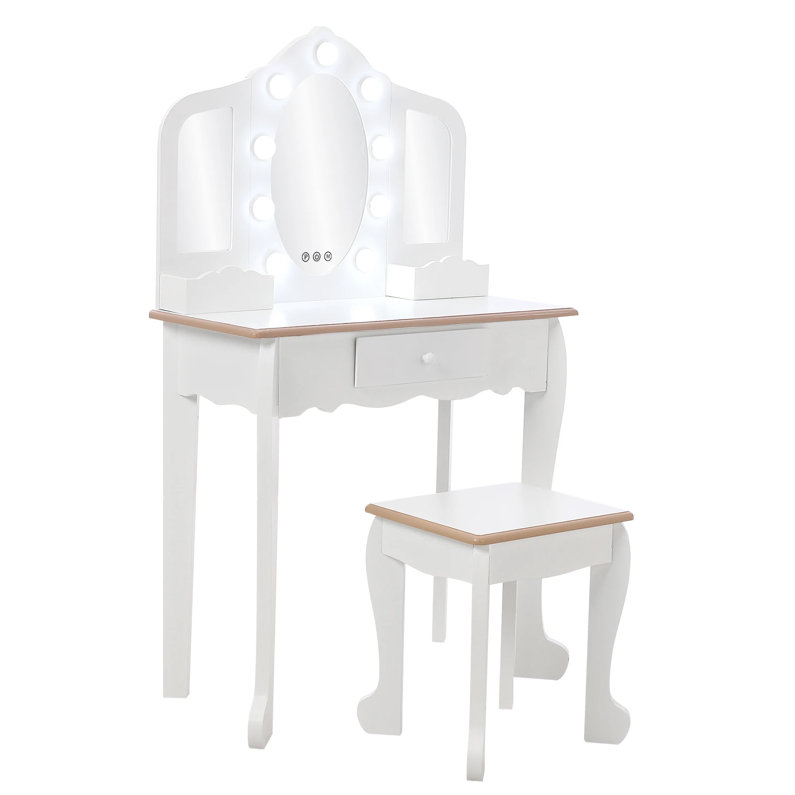 

Princess Vanity Set for Girls - Kids Makeup Table with Touch Lights, 3 Mirror, Stool, and Wood Playset
