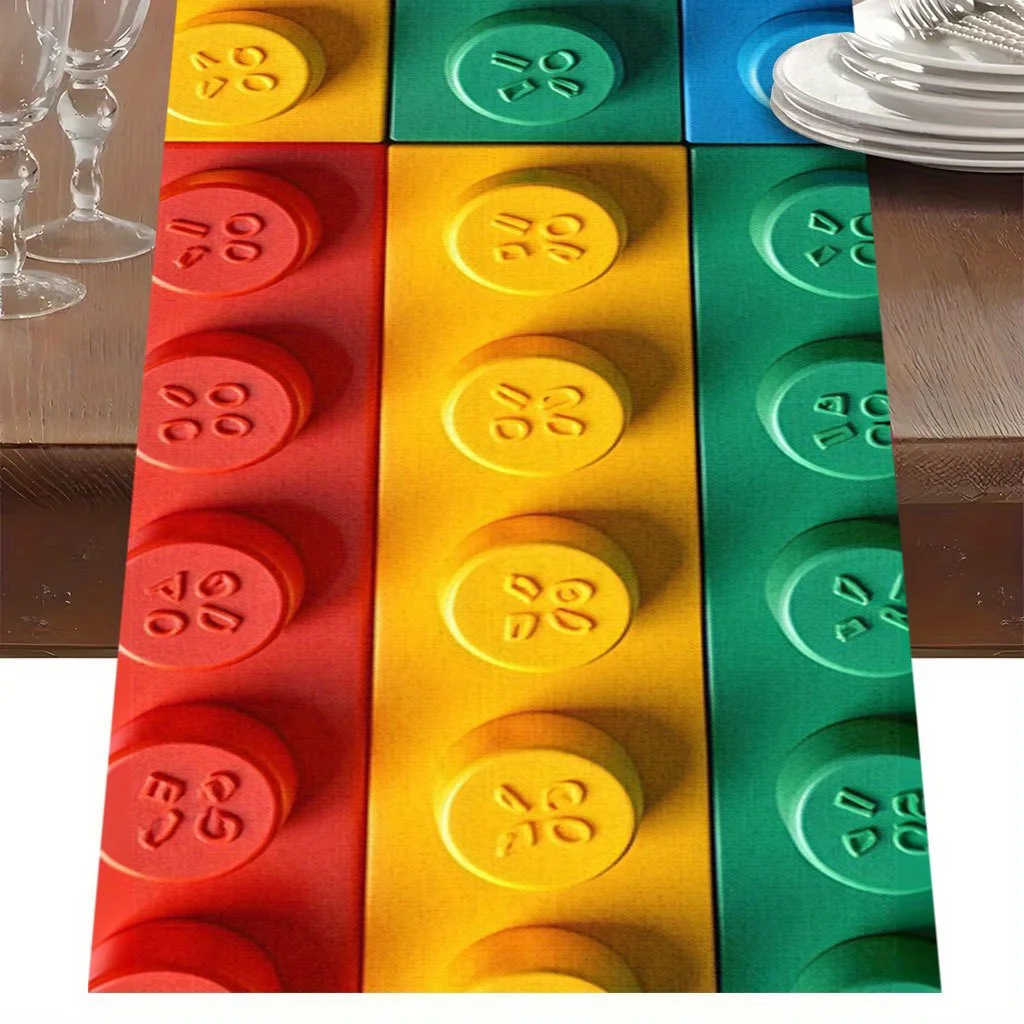 1 Piece of Colorful Building Block Wall Print Table Runner, Suitable for Farmhouse, Indoor, Kitchen, Celebrations, Table Decoration, Restaurant, and Banquet Decoration Supplies