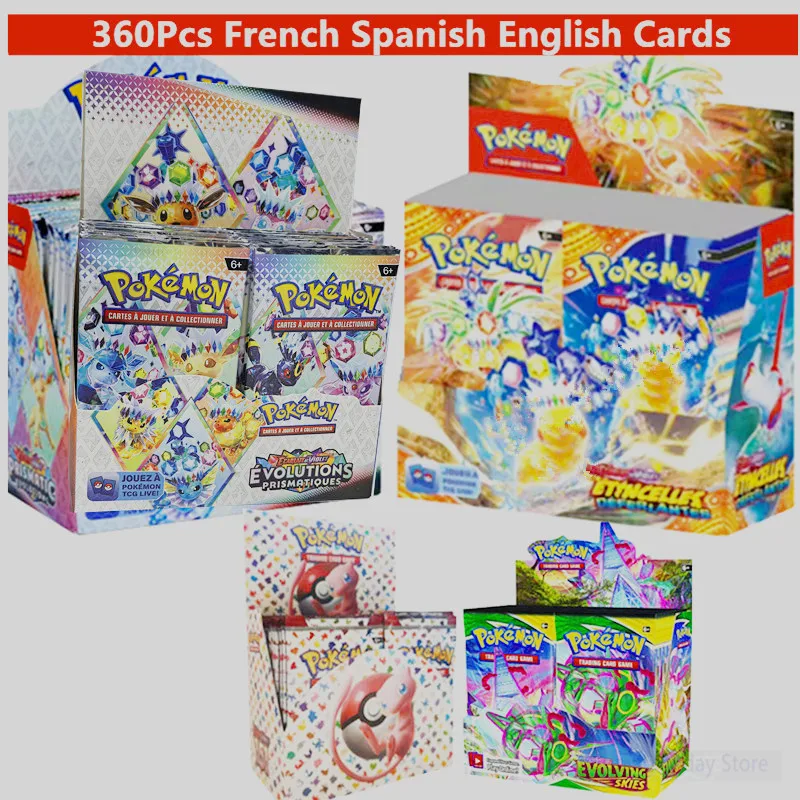 90/180/360 cartes Pokémon en anglais, français et espagnol, cartes Sun Moon Evolutions, boîte de booster, cartes à collectionner, cartes pour enfants