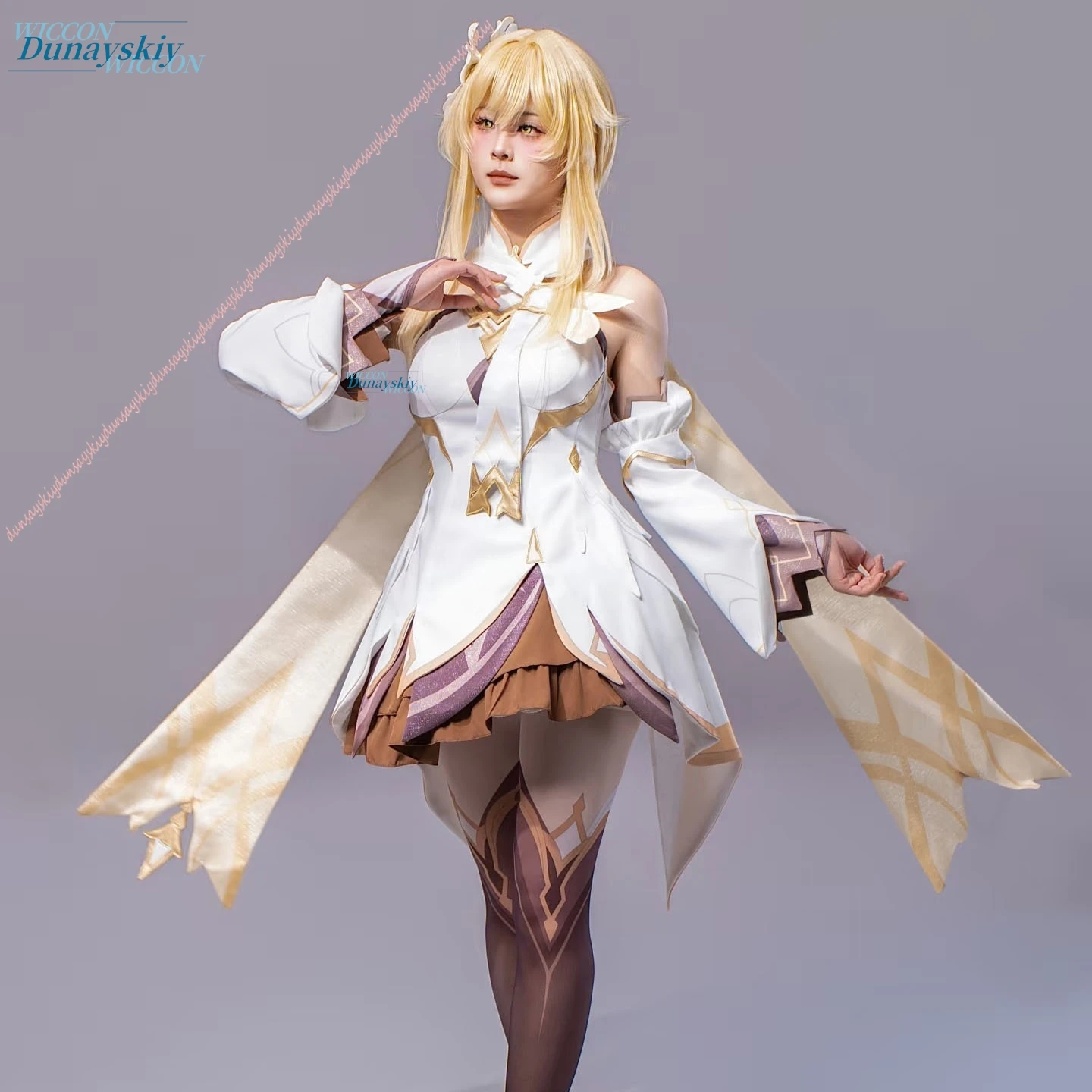 Genshin Impact New Skin Traveler Lumine Cosplay Costume Wig Dress Shoes Accessories Halloween Role Play Props for Women & Girls - view 2