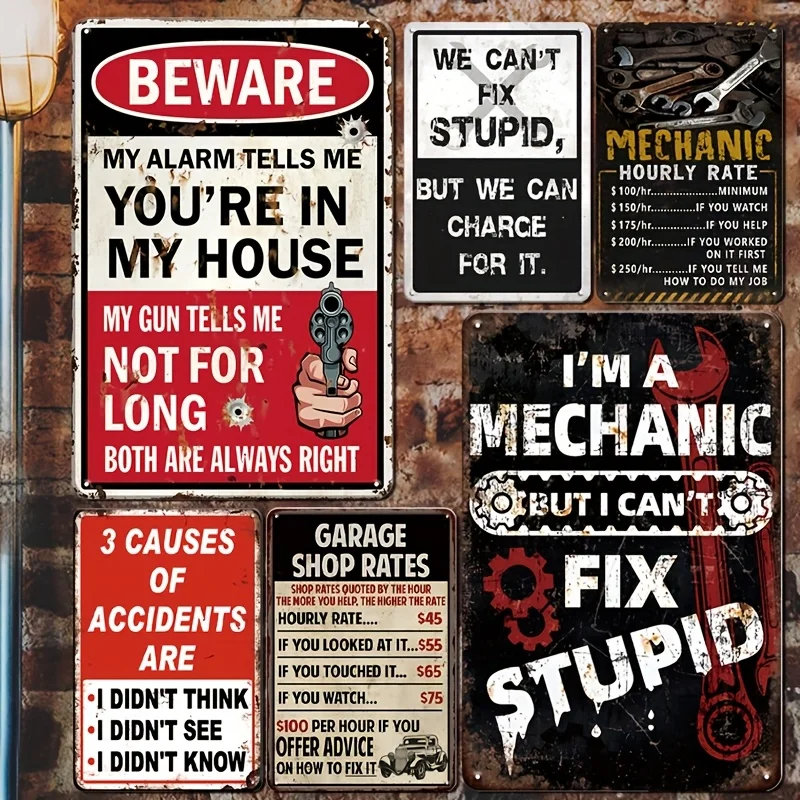 Decorative Sign & Plaque 6pcs Vintage Metal Logos for Men'S Workshop, Mechanical Emblems, Tool Rules Logos, Fun Studio Decor for