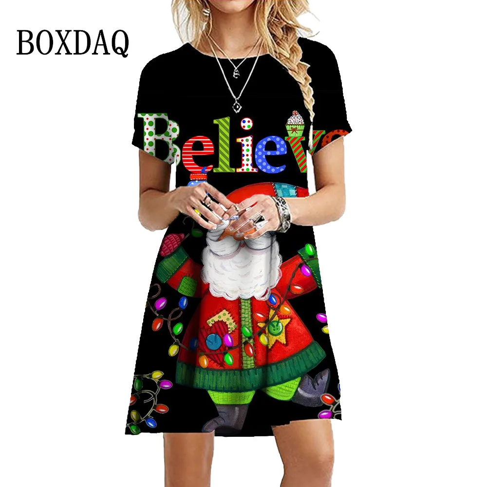 2023 New Year Winter Christmas Party Dress Women Sweet Cartoon Santa Claus Print Dress Fashion Cute Short Sleeve A-Line Dresses