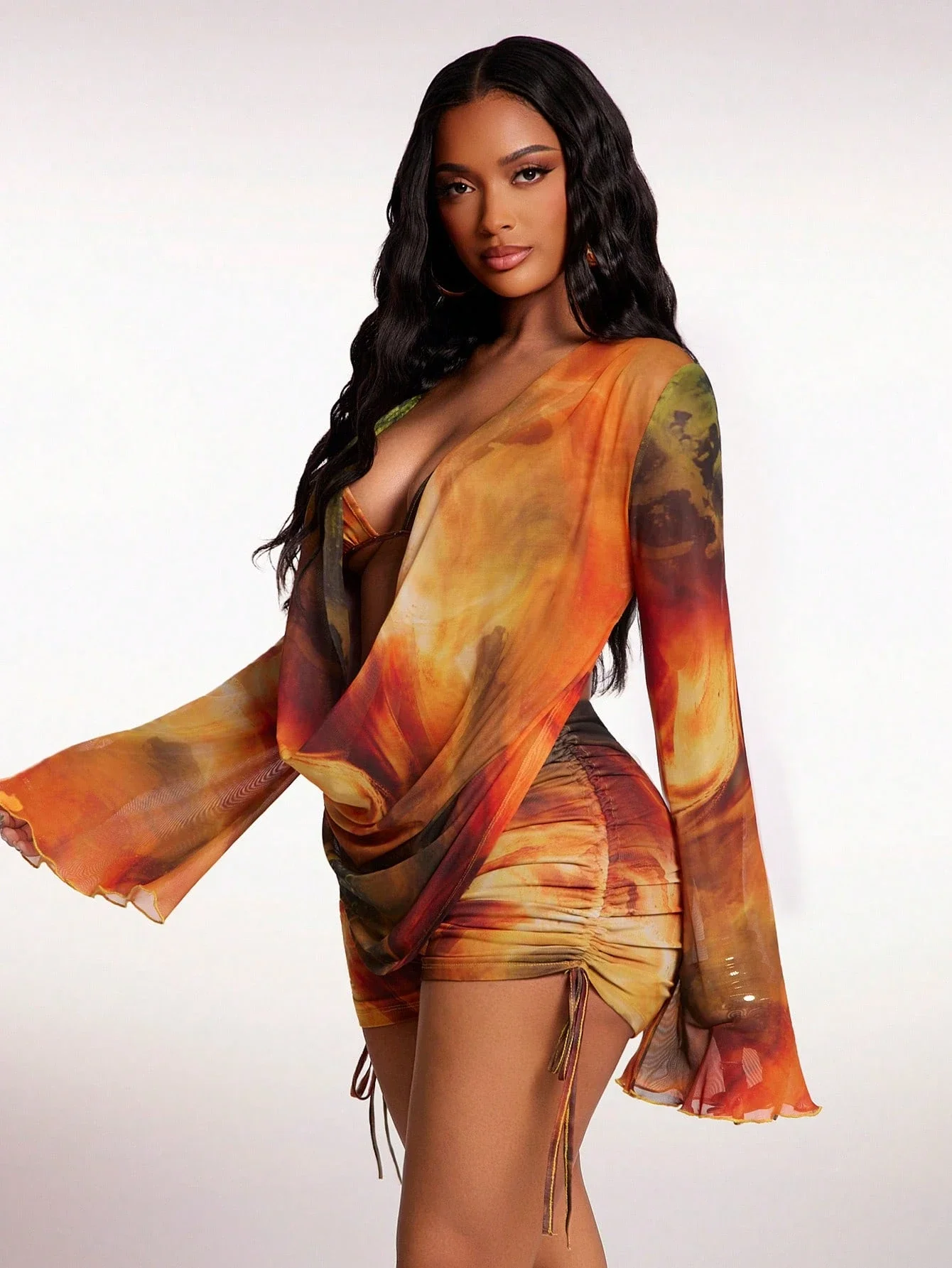

Sexy Transparent Mesh Tie-Dye Print 3Pcs Set: Long Sleeve Draped Plunge Cover Up + Bra Top + Drawstring Shorts