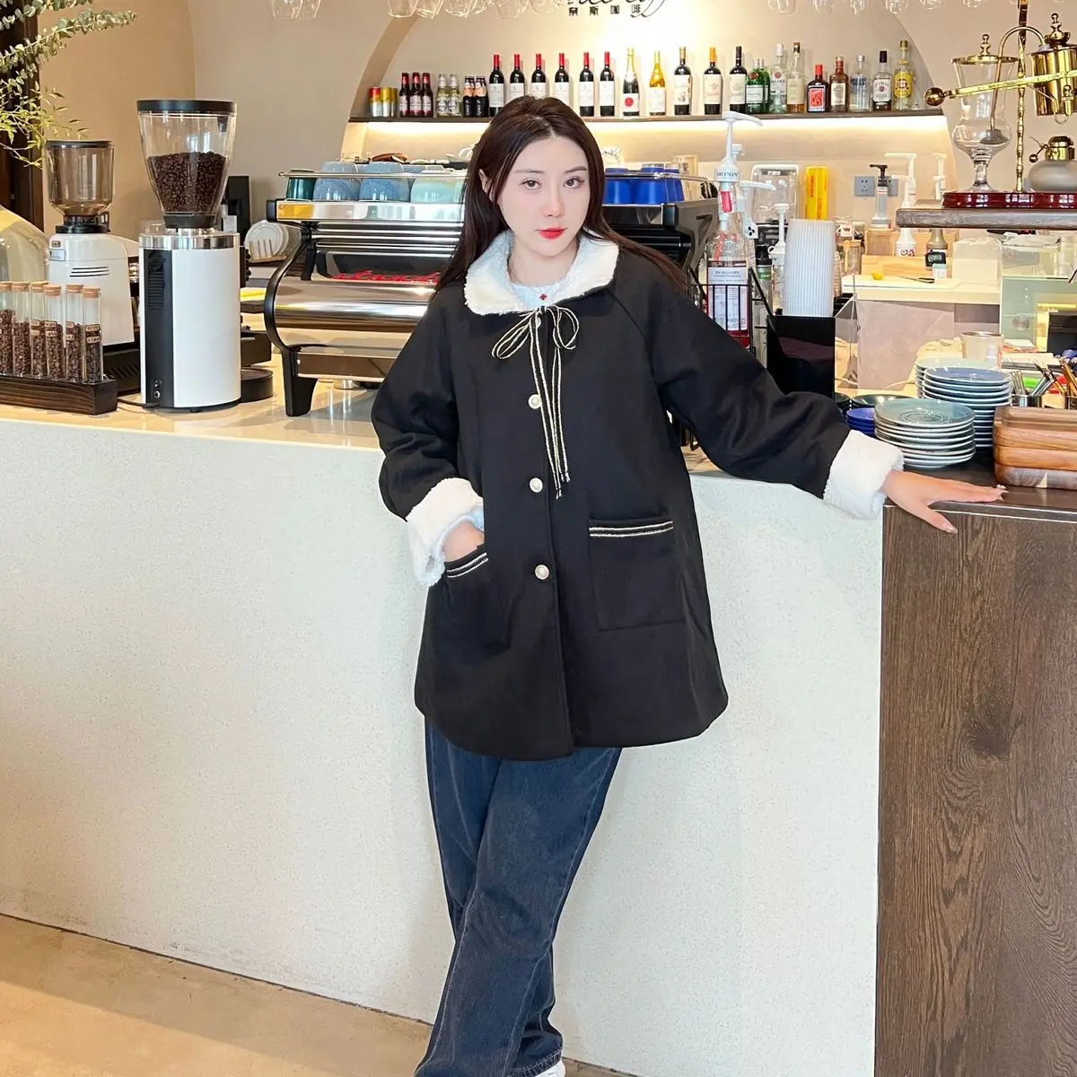 

Korea New Fashionable Hepburn Style Lamb Woolen Coat for Women Autumn New Cool High-end Loose Thick Woolen Coat for Women