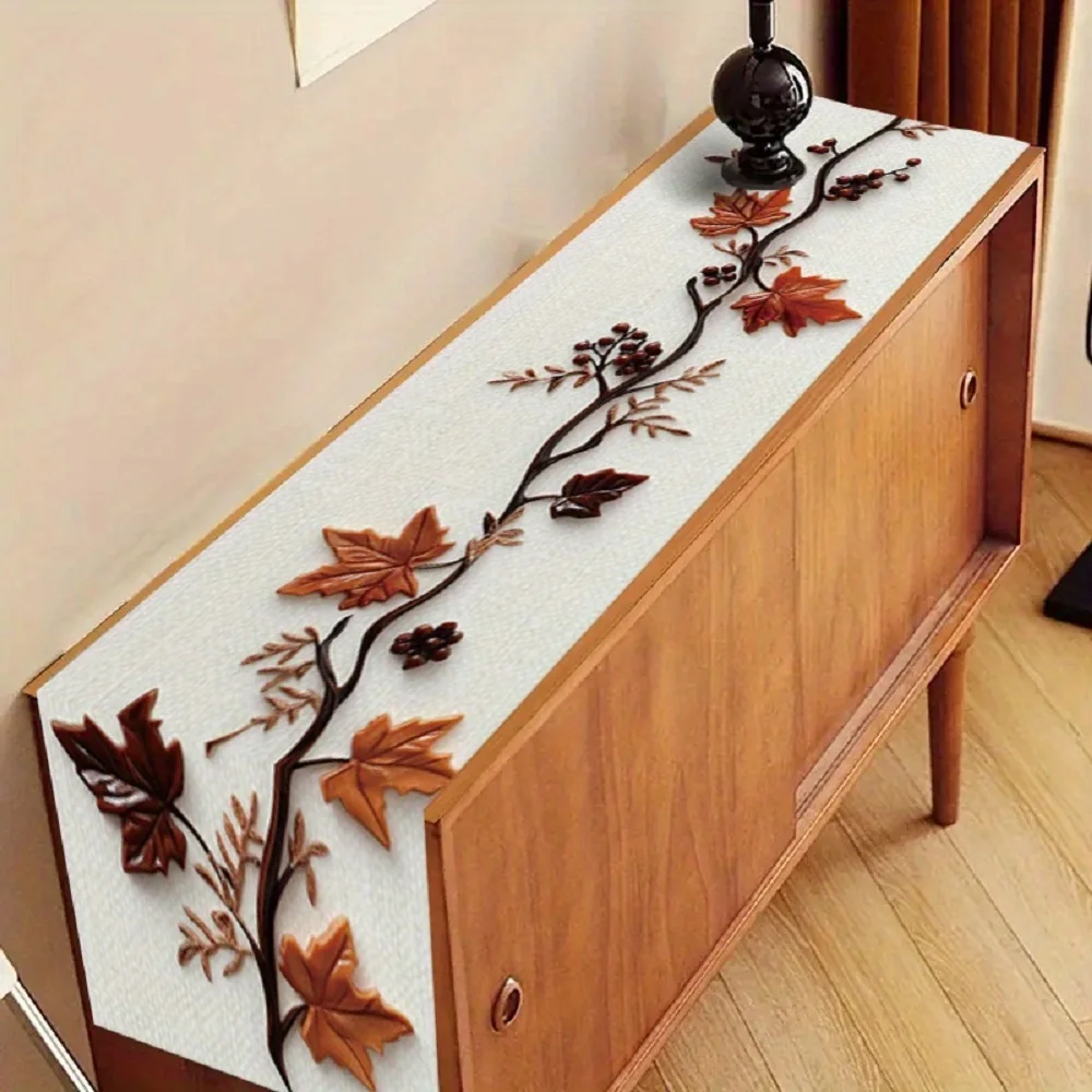 1 Piece of Stereo Autumn Leaf Decorative Table Runner, Off-White with Tan and Maple Leaf Branches, Suitable for Restaurant, Home, Dinner, Art Exhibition.