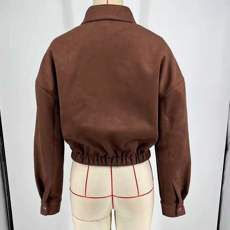 2026 Giacca da donna in finta pelle scamosciata allentata casual solida Manica lunga Colletto con risvolto con tasche Crop Capispalla Cappotto primavera autunno