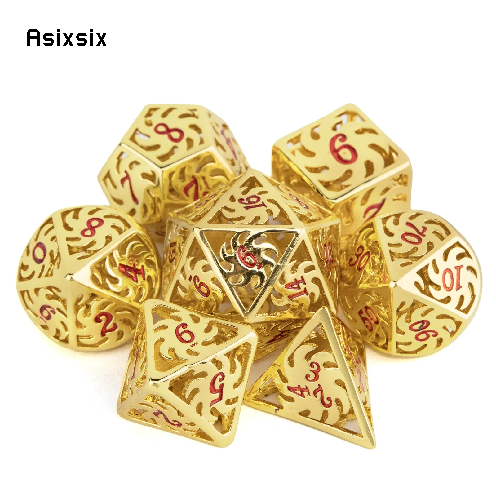 

7 Pcs Golden Red Rotary Windmill Metal Dice Hollow Metal Polyhedral Dice Set Suitable for Role-Playing RPG Board Game Card Game