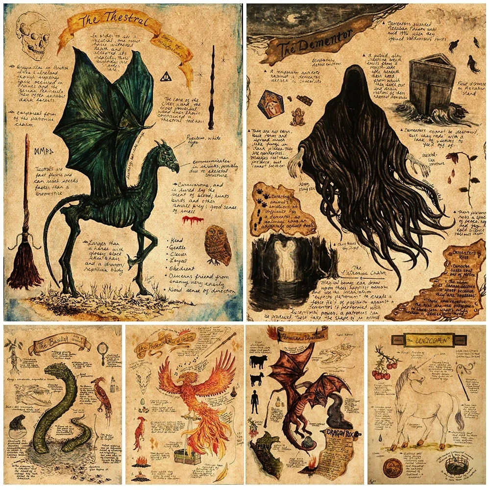 Snake and Dragon Retro Posters, Magical Biological Art Prints, Retro Canvas Murals, Gifts for the Magical World