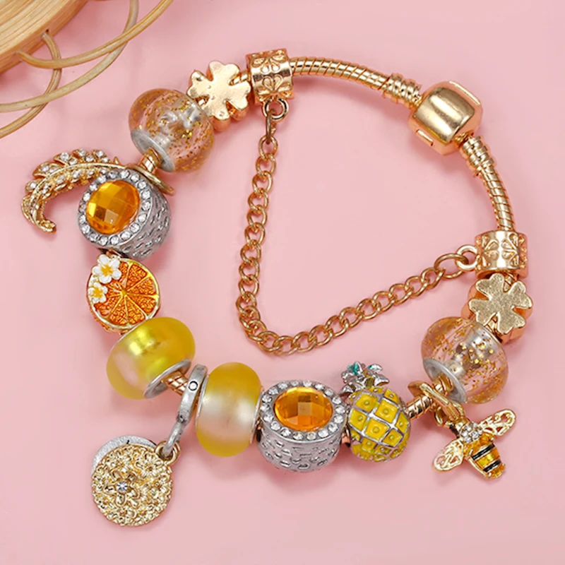 Golden Leaves & Fruit & Bee Bead With Pendent DIY Charm Brand Bracelet Fashion Jewelry For Women & Kid Making Gift New Desgin