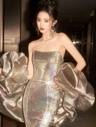 Gold Strapless Celebrity Dresses Cape Mermaid Red Carpet Backless Sleeveless Woman Sequins Anniversary Party Evening Gown New