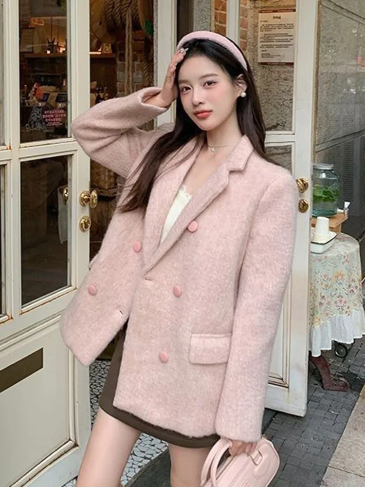 Pink Faux Woolen Blazer Women Slim Long Sleeve Elegant Sweet Suit Coat Korean Vintage Solid Fall Winter Female All Match Outwear