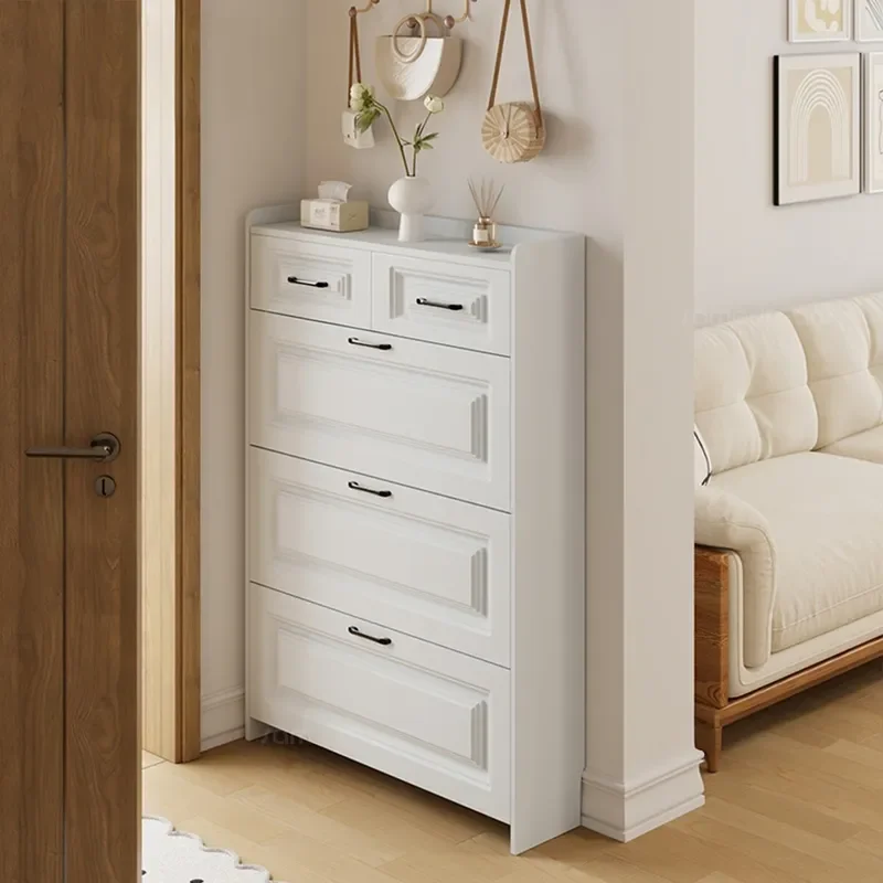 For Ultra Thin Solid Wood Shoe Cabinet with Drawer Tipping Bucket Storage Integrated Against Wall Entryway Home Furniture