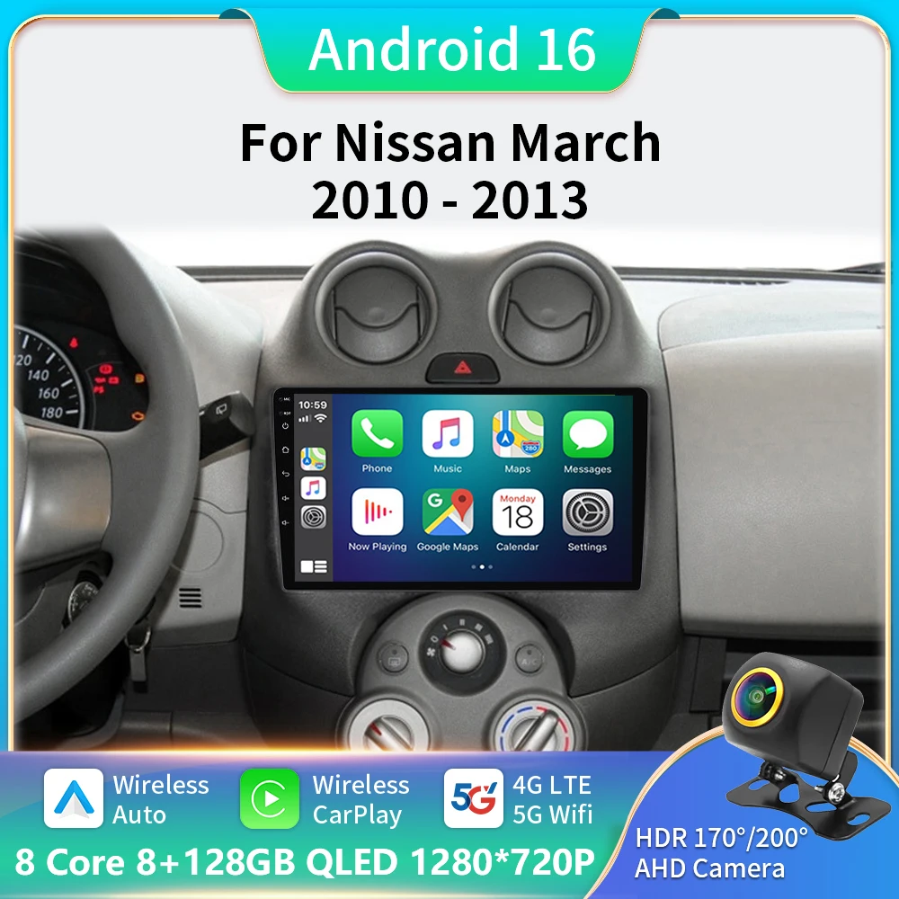For Nissan March MICRA 2010 2011 2012 2013 Android 16 Car Radio Audio Video Multimedia Player GPS Navigation 8+128G Carplay Auto