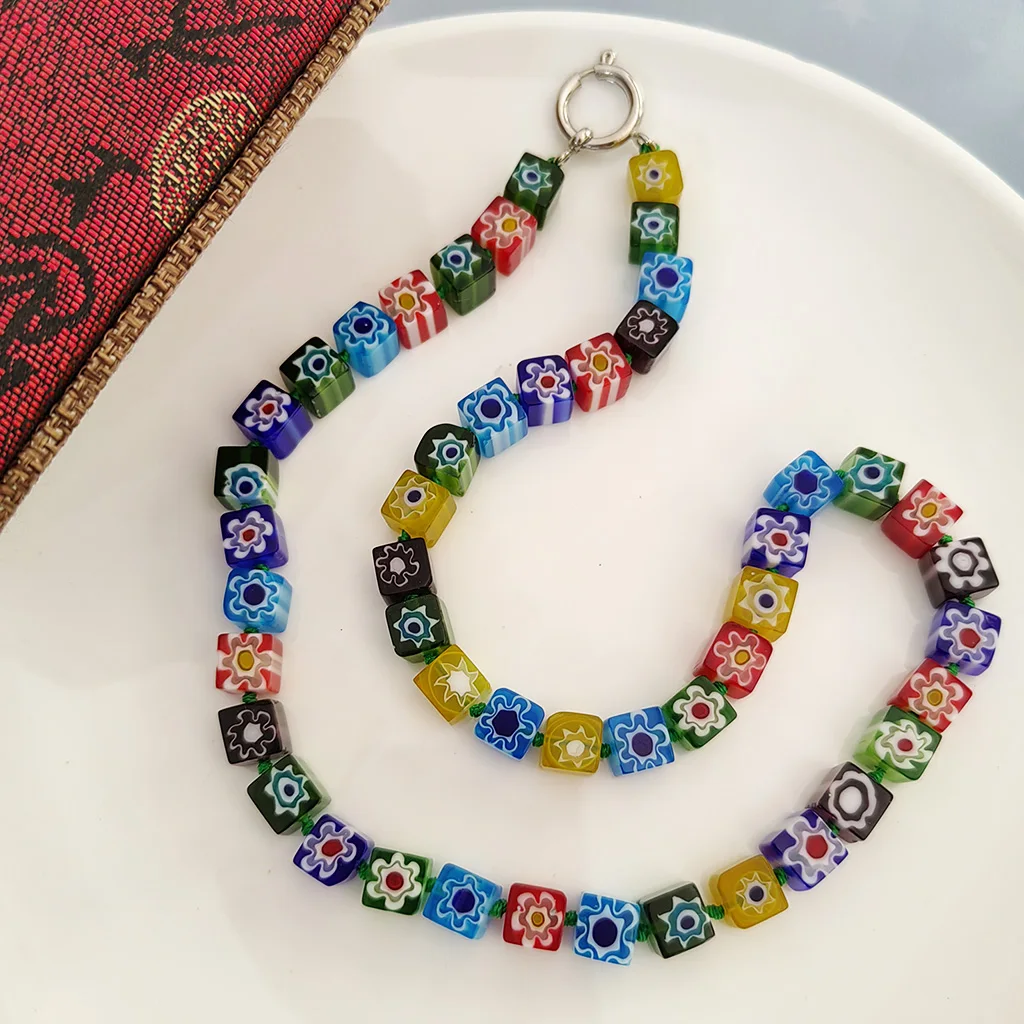 1PCS Handmade Murano Thousand Flowers Glazed Square Bead Necklace For Women Fashion DIY Personality Female Jewelry