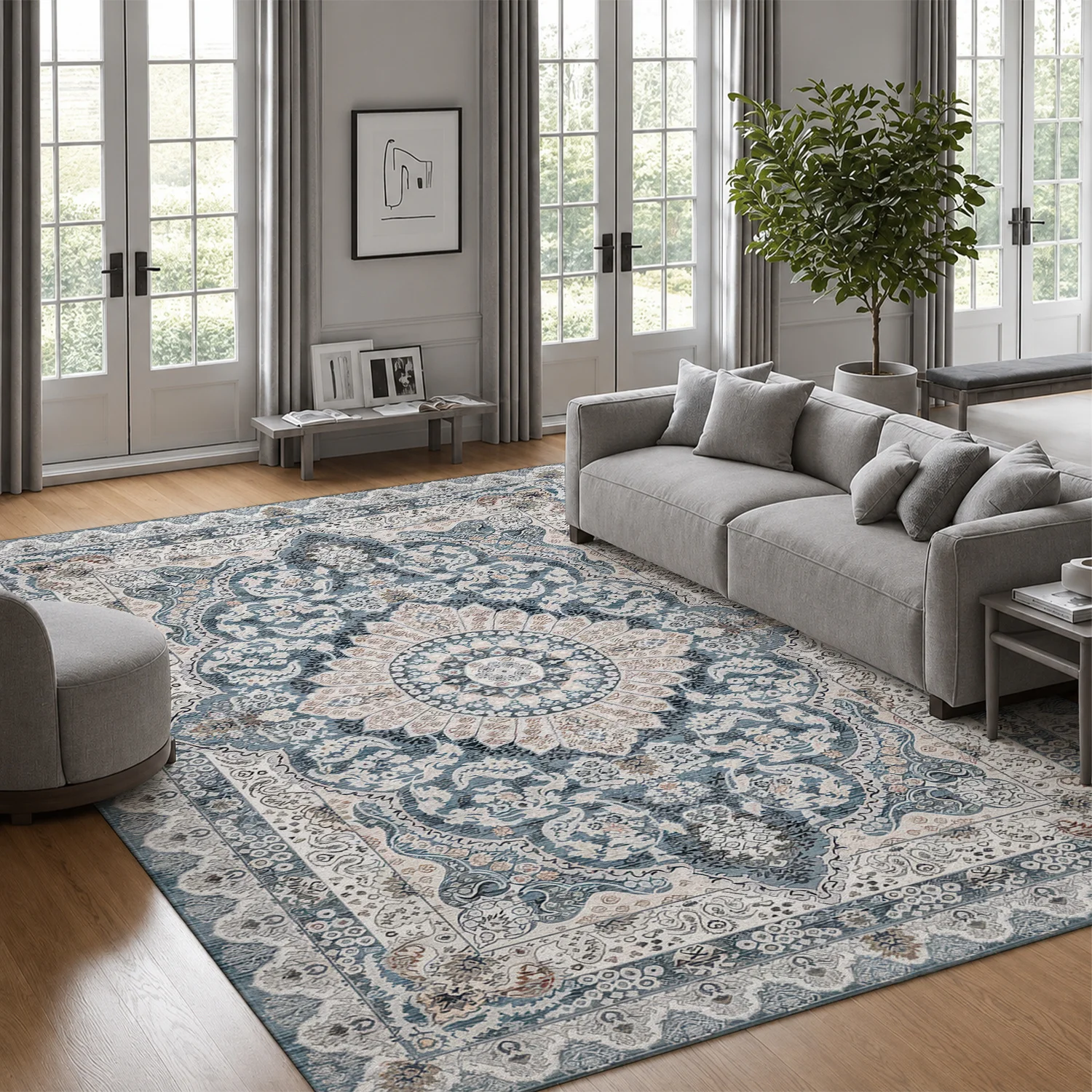 Large Indoor Area Rug, Soft Velvet Low Pile Rug with Non-slip Dotted Backing, Machine Washable Vintage Medallion Distressed Blue Cream Rug for Living Room, Bedroom, Entryway