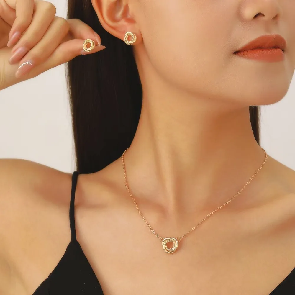 2pcs Set Classic Trendy Gold Color Circle Fried Dough Twist Necklace Earring for Women Collar Chain Jewelry Sets Accessory Gifts