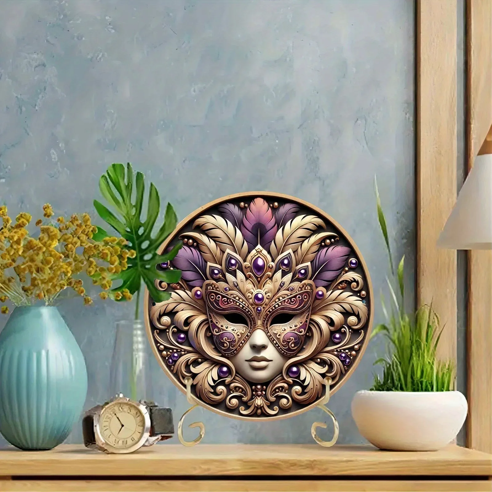 Mystical Venetian Mask Aluminium Wall Art: A Circular 2D Hanging Decoration for Home, Bedroom, Living Room