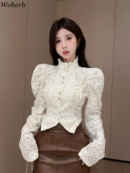 2024 Blusas Mujer De Moda Blouses for Women Puff Sleeve Single Breasted Lace Shirts Sweet Slim Blouse Vintage Crop Tops Female