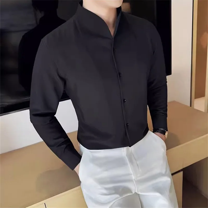 High Quality Long Sleeve Shirts Men Fashion V-Neck Solid Color Slim Fit Casual Shirts Mens Anti-Wrinkle Business Dress Blouse