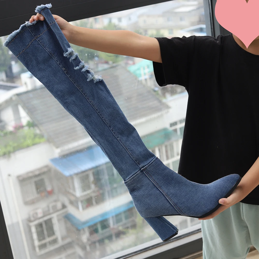 Fashion Over The Knee High Denim Women Boots Pointed Toe Gladiator Heeled Long Boot High Heel Broken Holes Jean Boots Femal Shoe