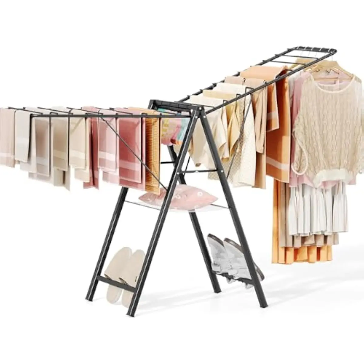 Foldable Floor-Standing Laundry Rack with 22 Rods Mesh Basket Sock Clips Shoe Holder Rustproof Metal Frame Adjustable Height Spa