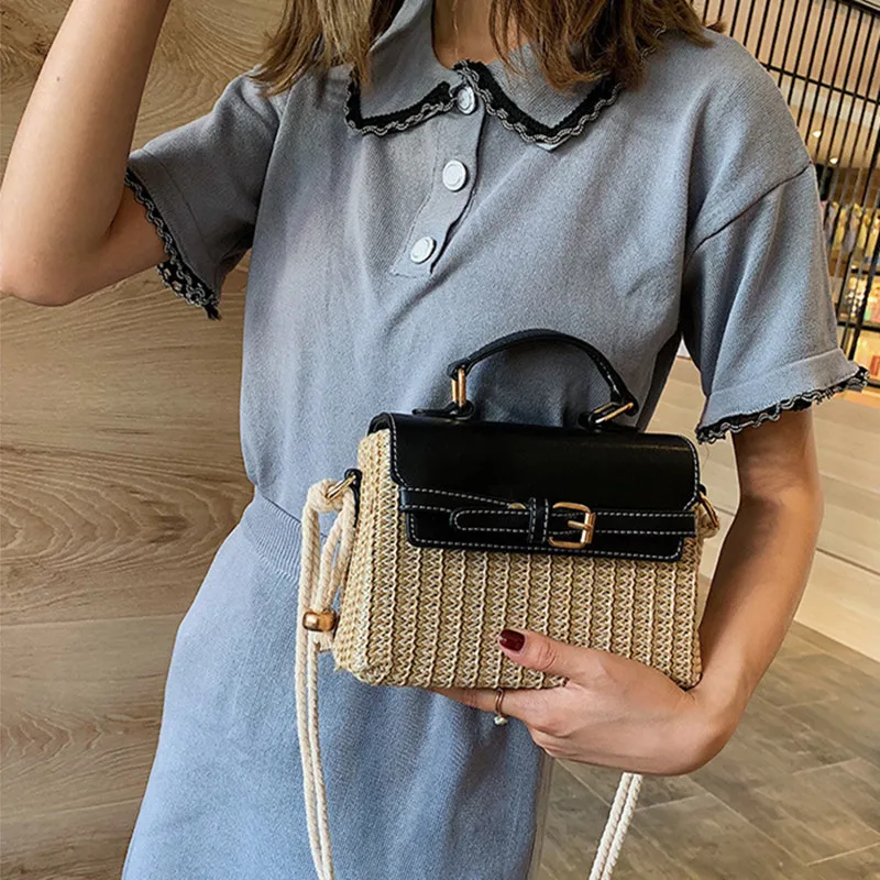 

2025 Luxury Top Designer Woven Straw Patchwork PU Leather Handbags Bohemian Handmade Splicing Shoulder Box Bag Rattan Beach Bag
