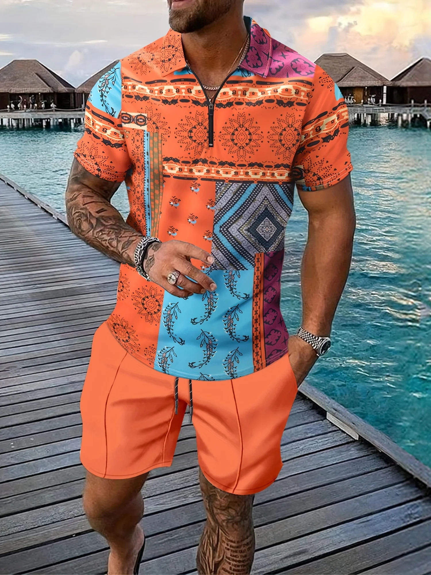 Conjunto de 2 piezas de verano para hombre, camisa polo con media cremallera y estampado étnico bohemio, pantalones cortos naranja sólido, conjunto hawaiano informal para playa, traje de vacaciones