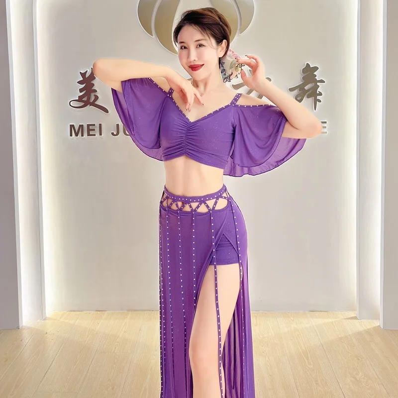 

Belly Dance Practice Performance Dress Oriental Dance Off Shoulder Top High Waist Hollow Tassel Bright Diamond Split Dress