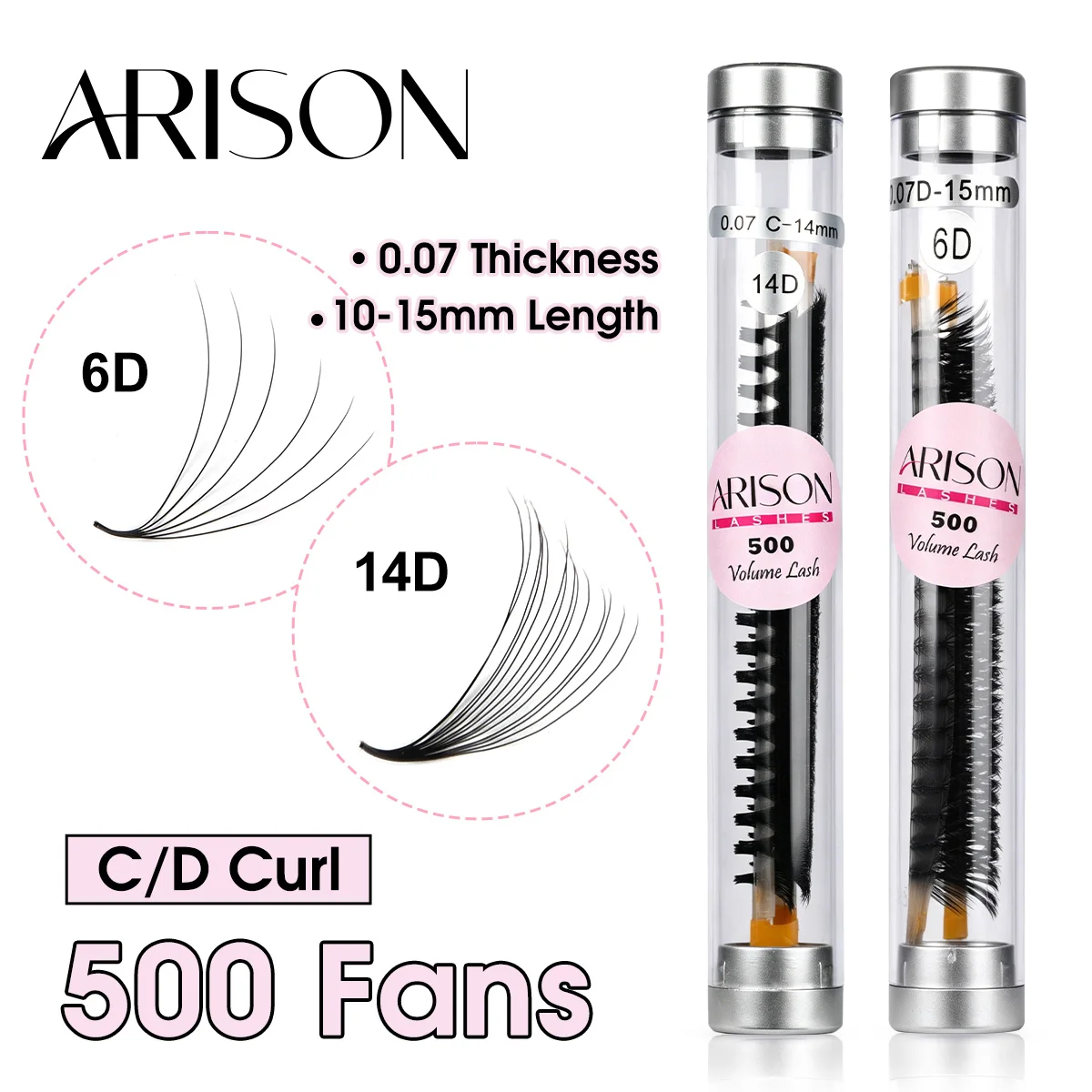 ARISON 6D 14D Premade Lash Fans 500pcs Wide Volume Eyelash Extensions C/D Curl Short Stem 10-15mm Individual Volume Lashes