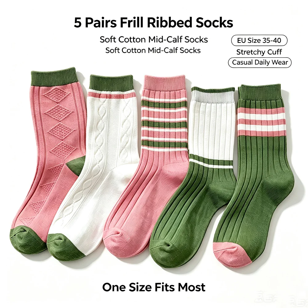 5 Pairs Women Socks Retro Twist Striped Knit Elastic Stretchy Cuff Pink Green Color Matching Casual Daily Crew Socks