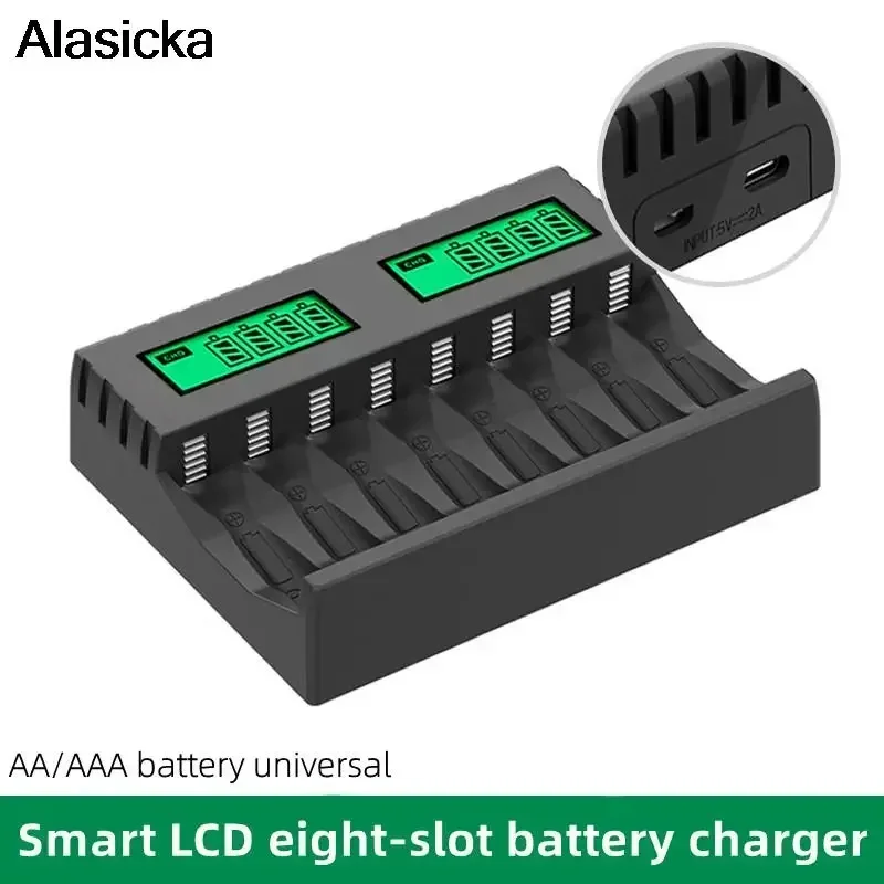 

Smart Battery Charger AA AAA Charger Size 5 and 7 LCD Display 8 Slots NiCd/NiMH Rechargeable Batteries USB Input Battery Charger