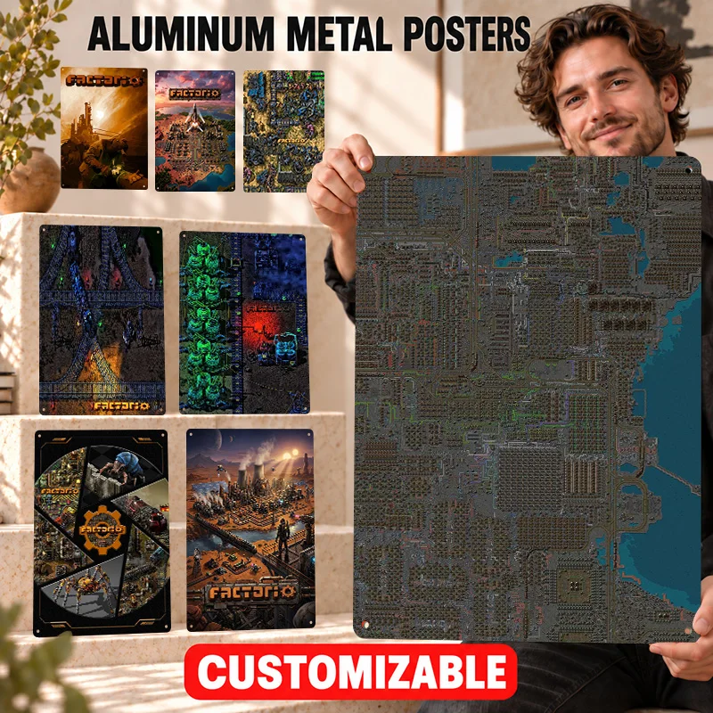Factorio Printed Posters Arcade Inspired Style Entertainment Room Wall Art Personalized Aluminum Metal Sign Collector Keepsake