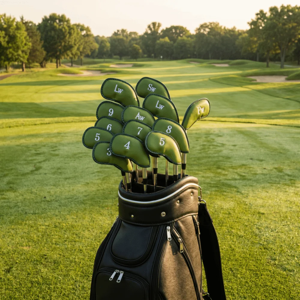 12pcs Bag Storage PU Leather Golf Iron Covers Green Soft Lining Club Head Covers Numbered Golf Club Covers Golf Bag Travel