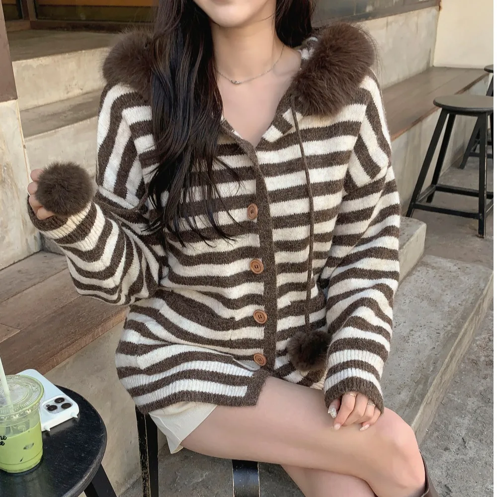 Abrigo de piel de punto para mujer con capucha a rayas corte holgado Otoño Invierno nueva ropa de abrigo Sle Faion cómoda Top largo Sve